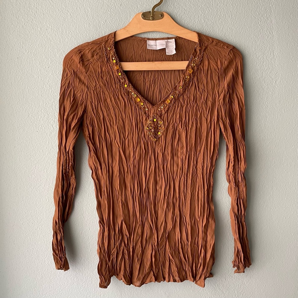 Worthington | Burnt-Orange Brown Beaded Jeweled Y2k Slinky Blouse